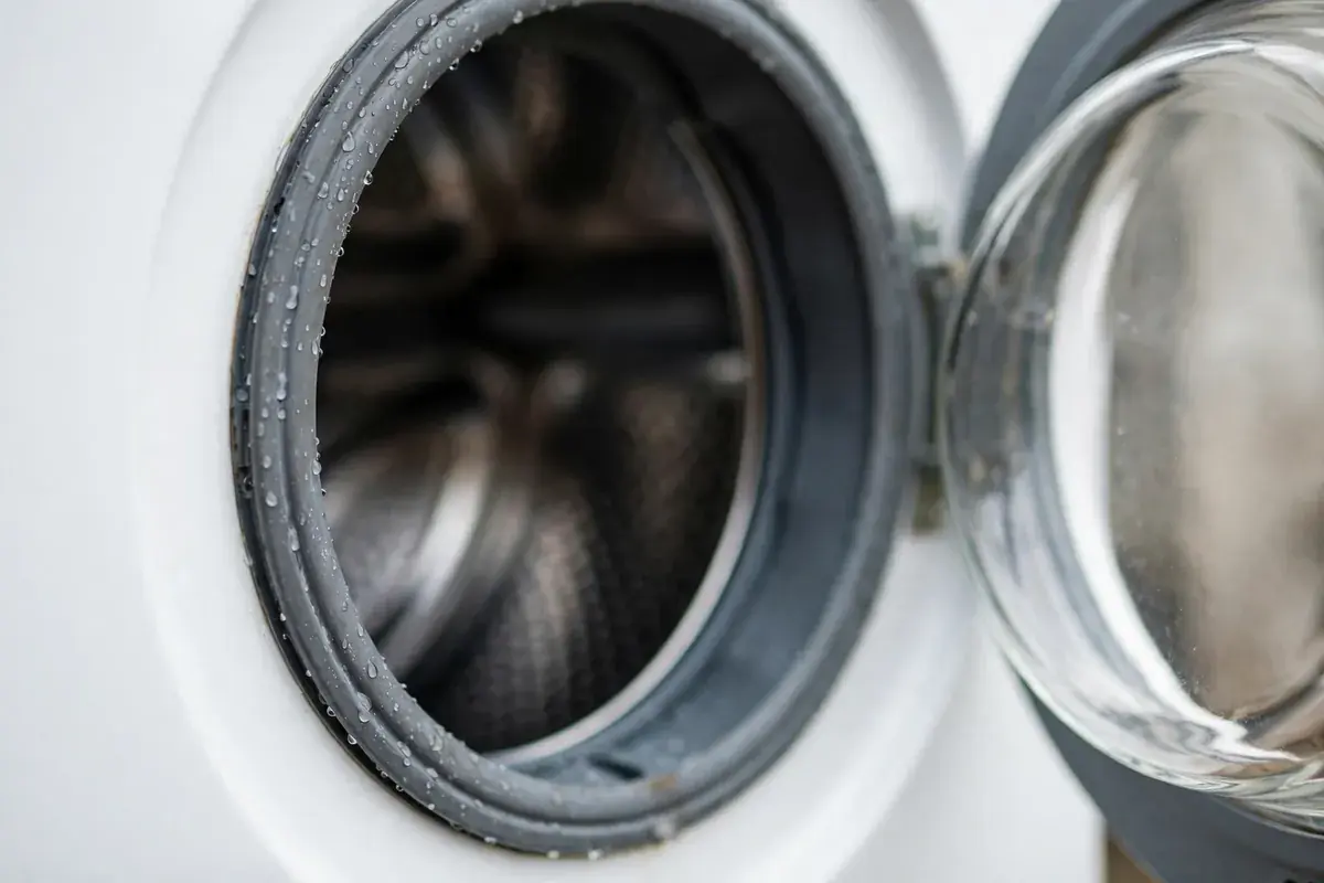 Rubber door seal of a front load washer with a few water droplets