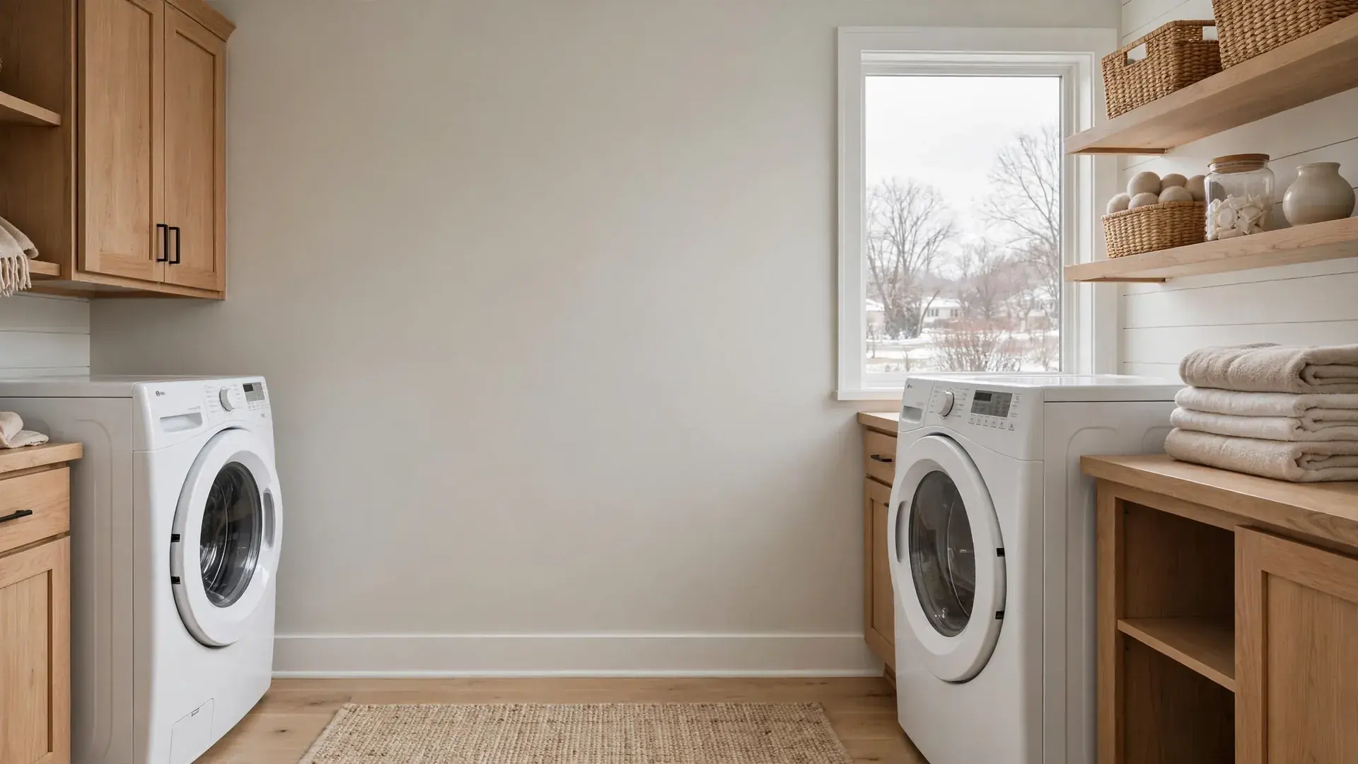 Bright Midwest laundry room with a front load washer and dryer and window light