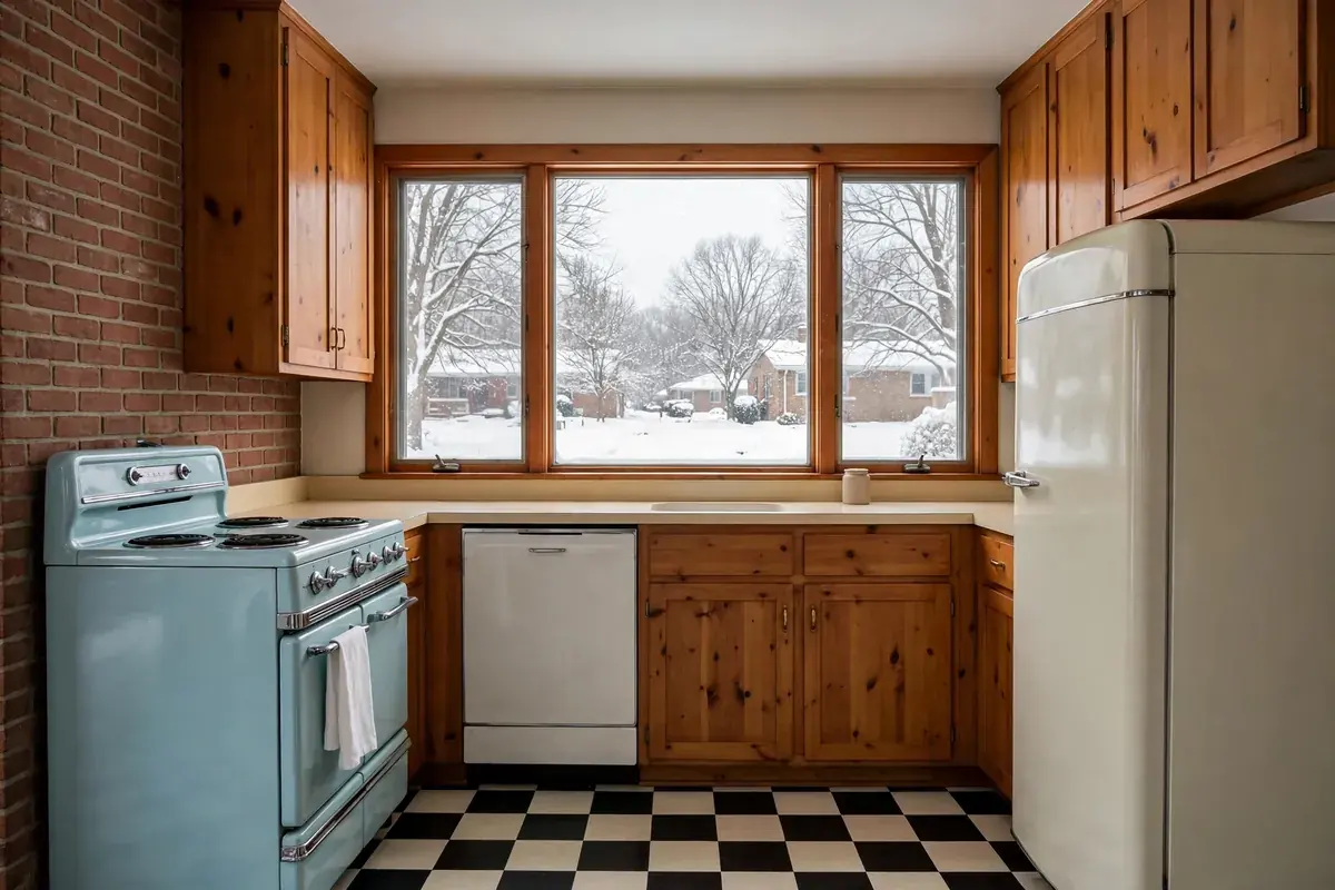 Mid-century brick home kitchen in winter light with range and refrigerator